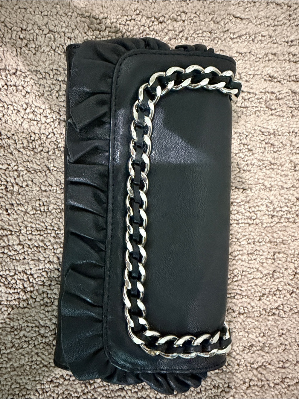 Betsy Johnson- Black Chain-Trim Ruffle Clutch Bag